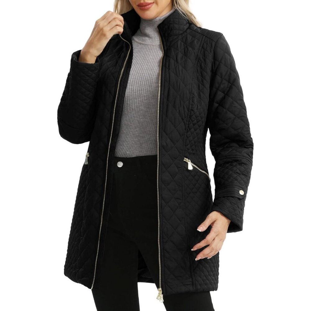 Women's Lightweight Black Long Quilted Jackets Coat Design Warm Stand Collar - Picture 1 of 6
